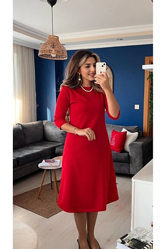 Kadın Uzun Kollu Bisiklet Yaka Midi Ithal Krep Elbise