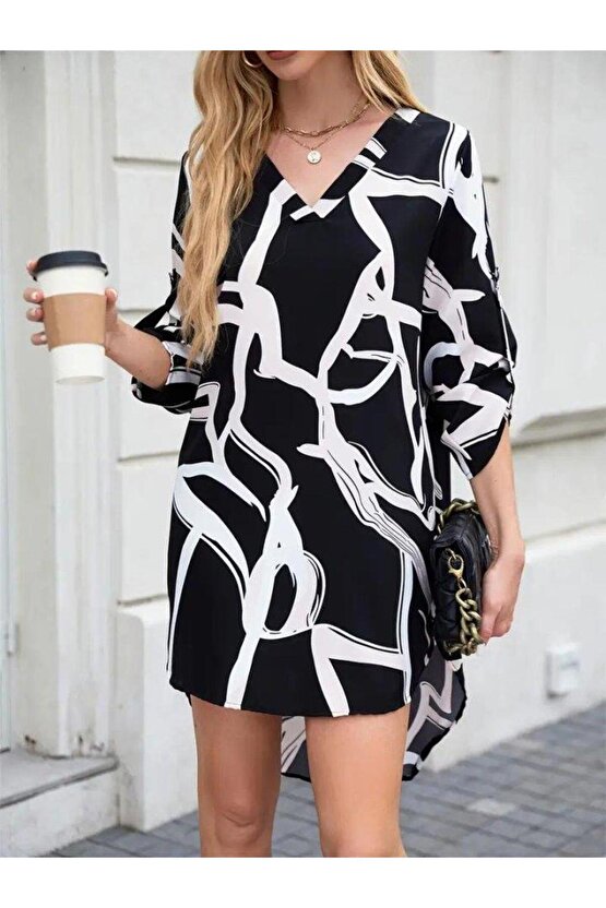 Kadın Uzun Kollu V Yakalı Desenli Dalgıç Elbise