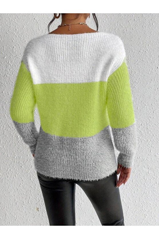 Kadın Uzun Kollu Kayık Yaka çok Renkli Triko Bluz