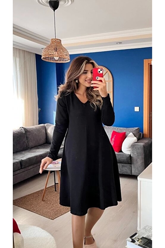 Kadın Uzun Kollu V Yakalı Salaş Midi Iki Iplik Elbise