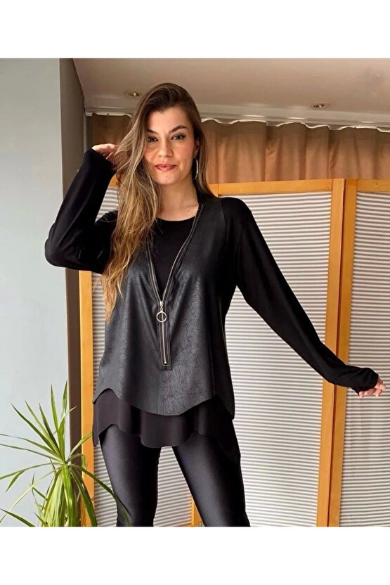Kadın Uzun Kol Asimetrik Kesim Viskon Bluz Ve çatlak Deri Görünümlü Fermuar Detaylı Yelek Ikili Takı