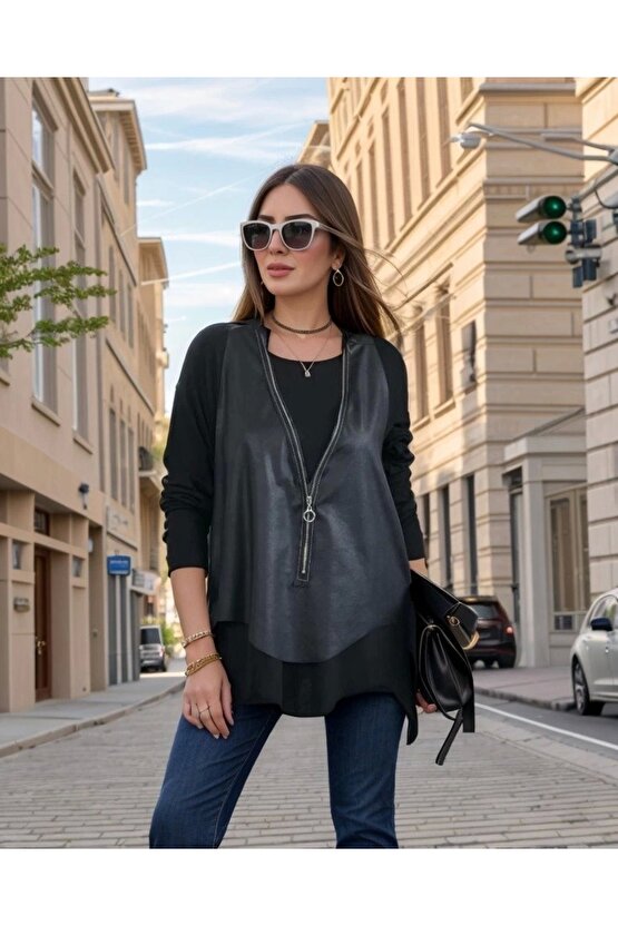 Kadın Uzun Kol Asimetrik Kesim Viskon Bluz Ve çatlak Deri Görünümlü Fermuar Detaylı Yelek Ikili Takı