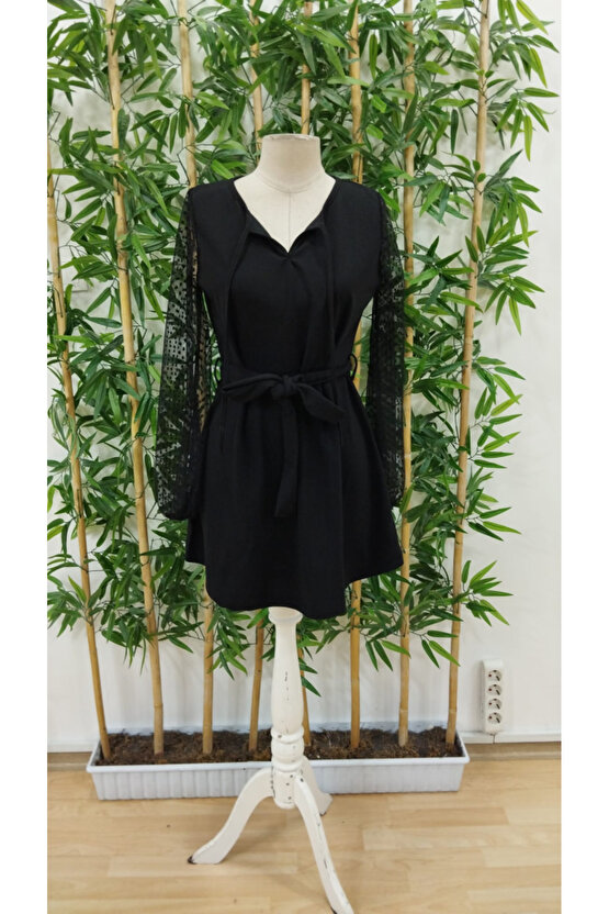 EQURİ Kadın Uzun Kollu Yakadan Bağcıklı Belden Kuşaklı Ithal Krep Elbise