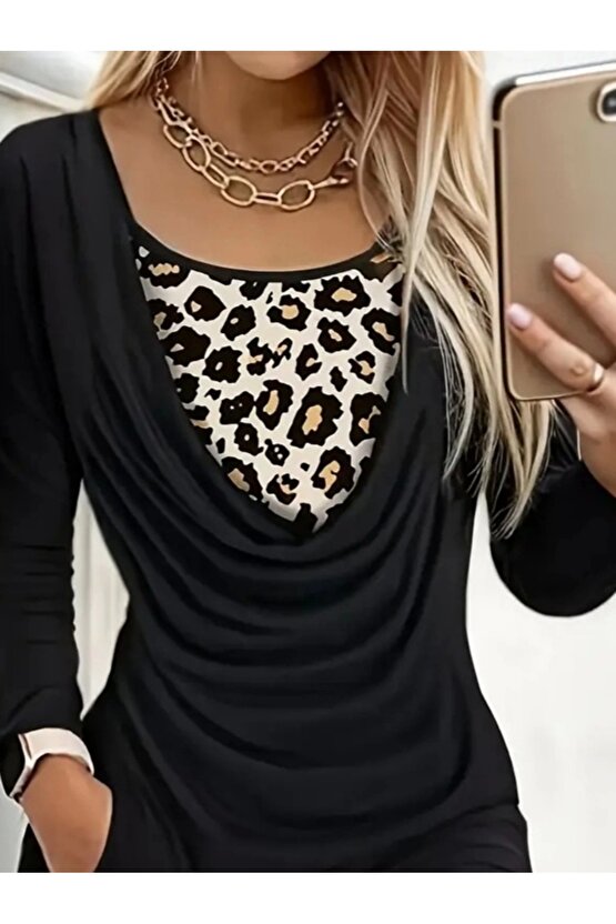 Kadın Uzun Kollu Degaje Yaka Leopar Detaylı Cepli Kısa Sandy Elbise