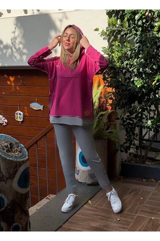 Kadın Pembe Kapşonlu Etek Ucu Detay Arma Ters Dikiş Gorunumlu Ikili Takım