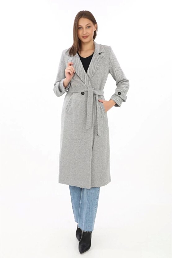 Astarlı Balık Sırtı Kaşmir Kaşe Kaban Gri