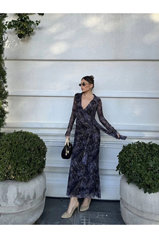 Kruvaze V Yaka, Fırfırlı Ve Bağcıklı Desenli Bluz Ve Midi Etek Takım iyah