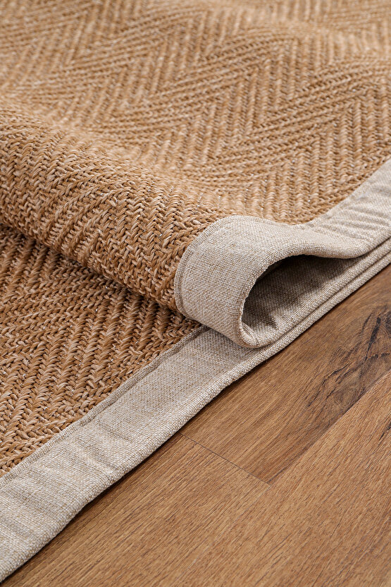 0503-Bej Kumaş Bordür Sisal Halı Kilim Hav Toz Vermez Kolay Temizlenen Hasır Kilim