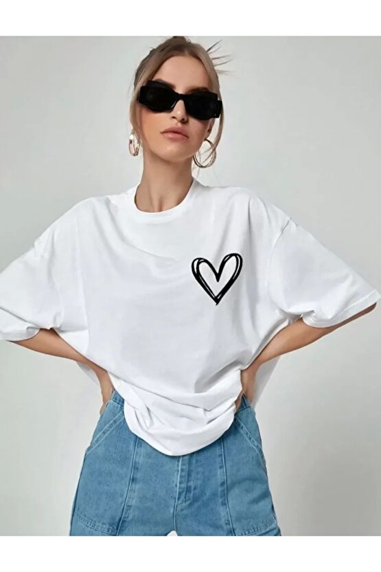 Unisex Baskılı Oversize Thirt  Beyaz
