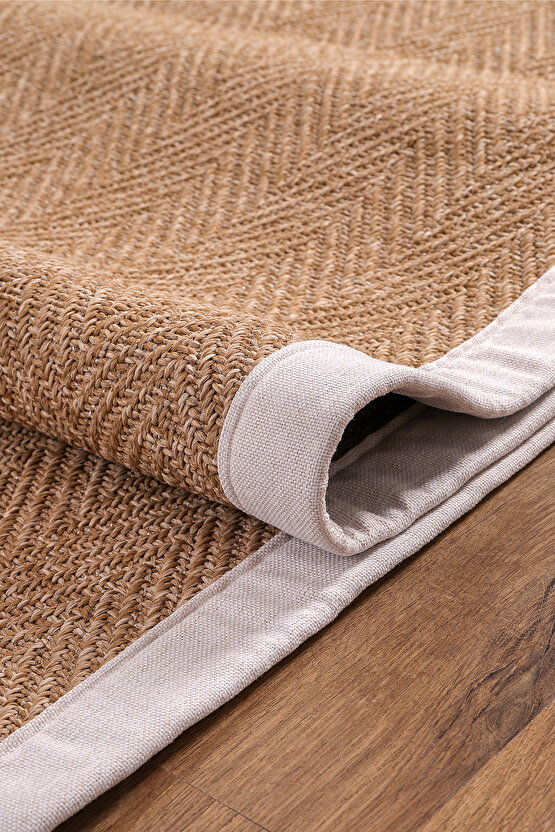 0503-Krem Kumaş Bordür Sisal Halı Kilim Hav Toz Vermez Kolay Temizlenen Hasır Kilim