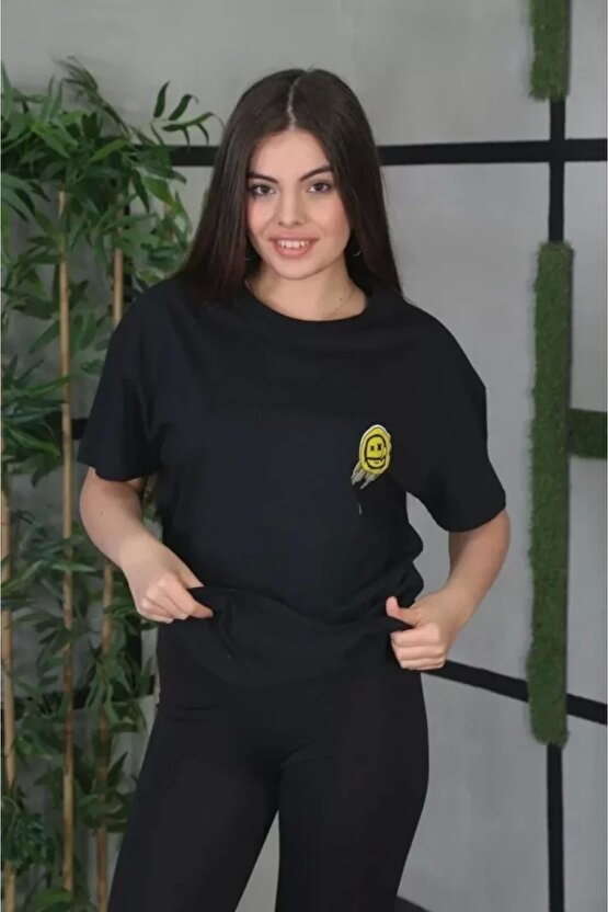 Unisex Bisiklet Yaka Baskılı Oversize Thirt  iyah