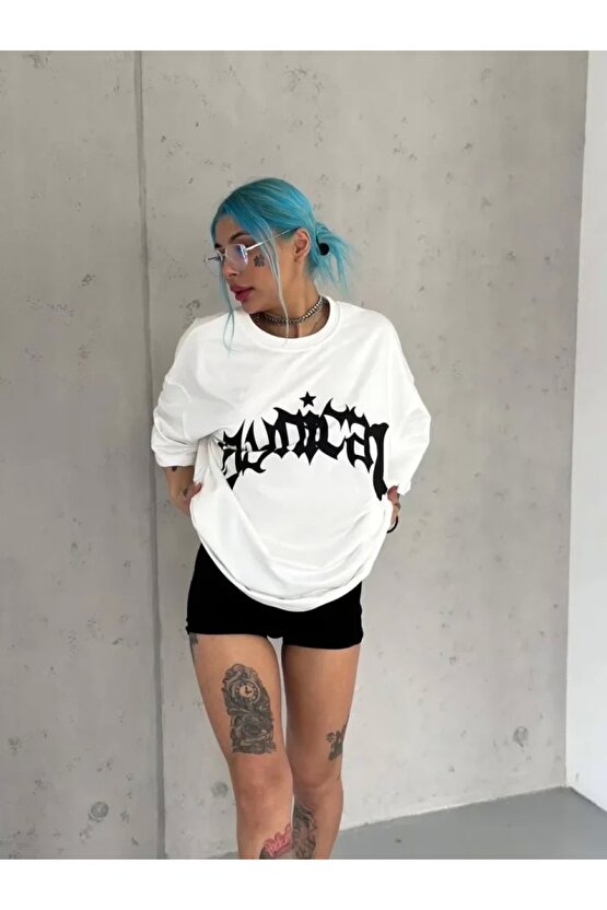Unisex Bisiklet Yaka Baskılı Oversize Thirt  Beyaz