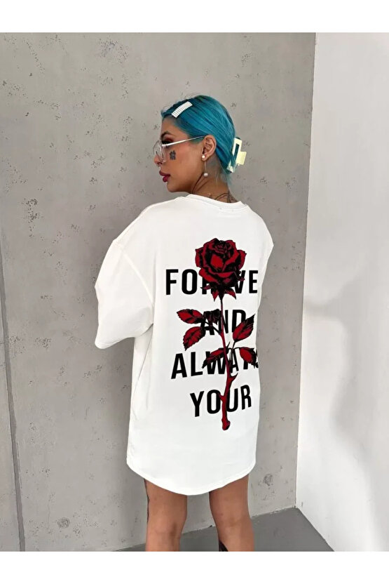 Unisex Bisiklet Yaka Baskılı Oversize Thirt Beyaz