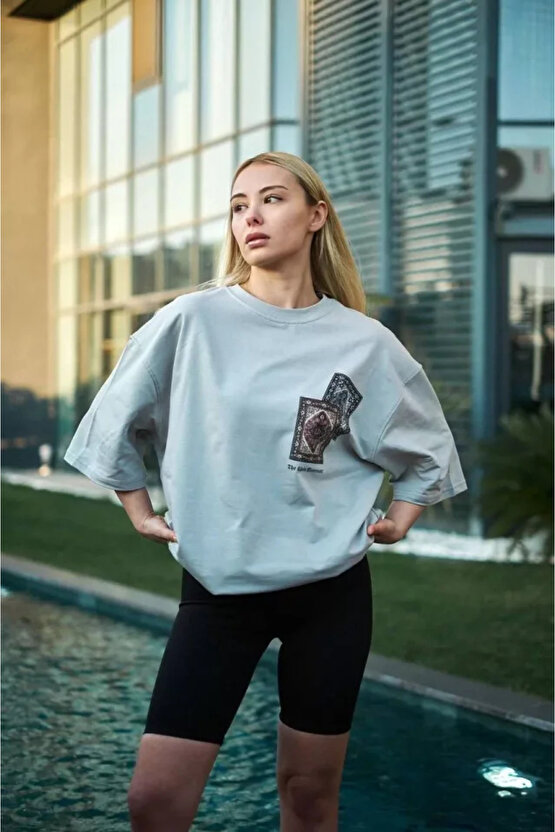 MDB Unisex Bisiklet Yaka Baskılı Oversize Thirt Boyalı Gri