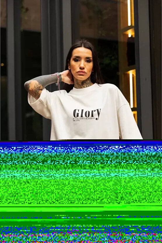 Unisex Bisiklet Yaka Baskılı Oversize Thirt Beyaz