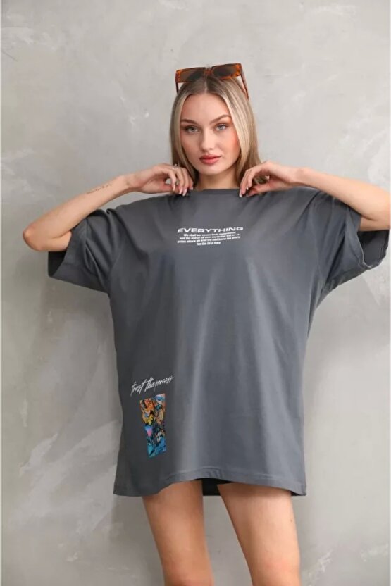 Unisex Bisiklet Yaka Baskılı Oversize Thirt  Gri