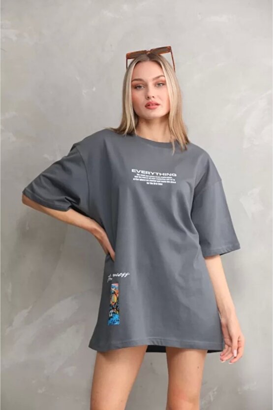 Unisex Bisiklet Yaka Baskılı Oversize Thirt  Gri