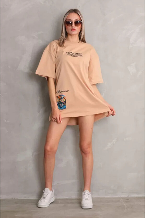 MDB Unisex Bisiklet Yaka Baskılı Oversize Thirt Bej