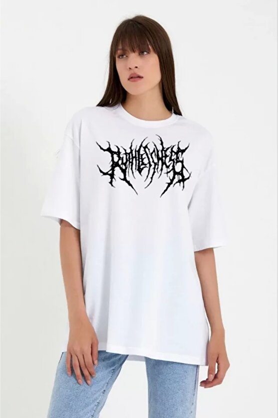 Unisex Bisiklet Yaka Baskılı Oversize Thirt  Beyaz