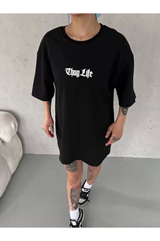 Unisex Bisiklet Yaka Baskılı Oversize Thirt  iyah