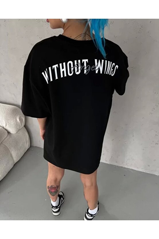 Unisex Bisiklet Yaka Baskılı Oversize Thirt  iyah