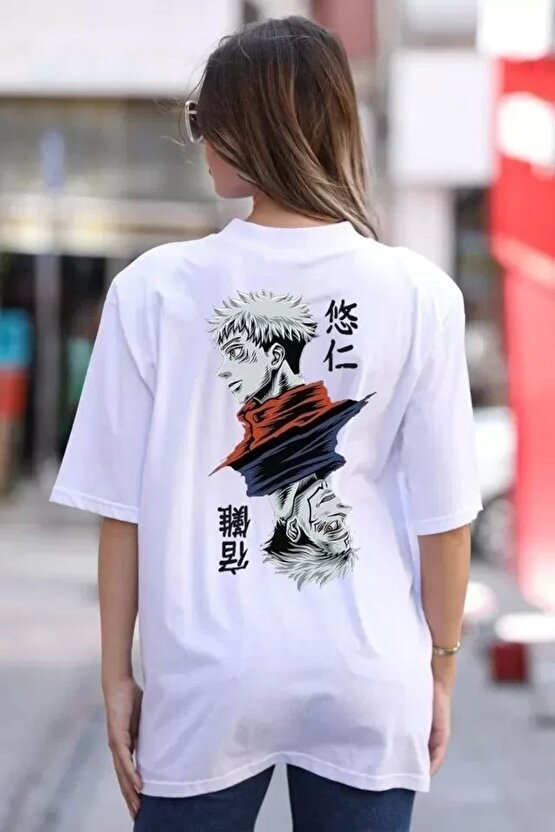 Unisex Bisiklet Yaka Baskılı Oversize Thirt  Beyaz