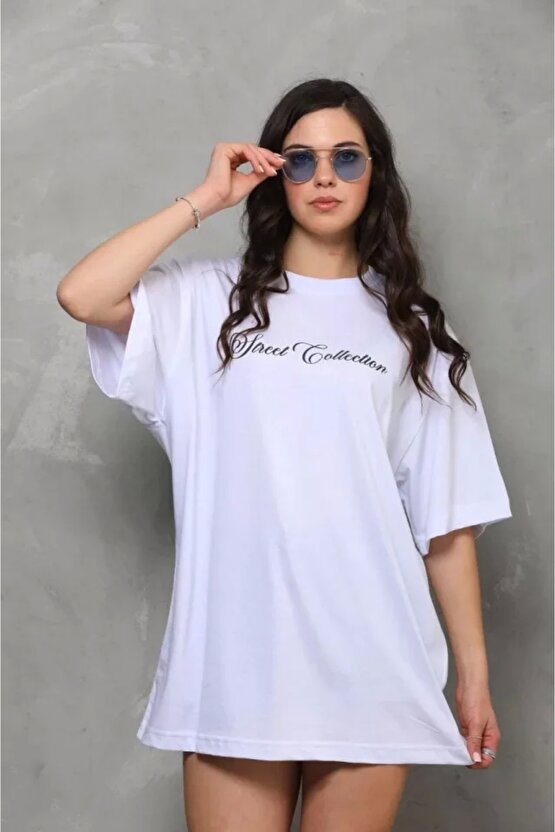 Unisex Bisiklet Yaka Baskılı Oversize Thirt  Beyaz