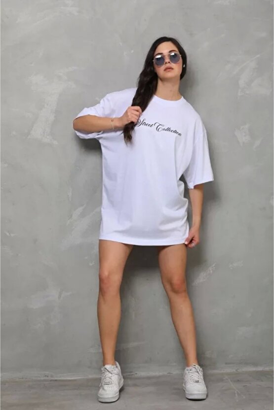 Unisex Bisiklet Yaka Baskılı Oversize Thirt  Beyaz