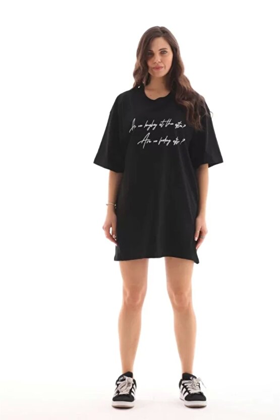 Unisex Bisiklet Yaka Baskılı Oversize Thirt  iyah