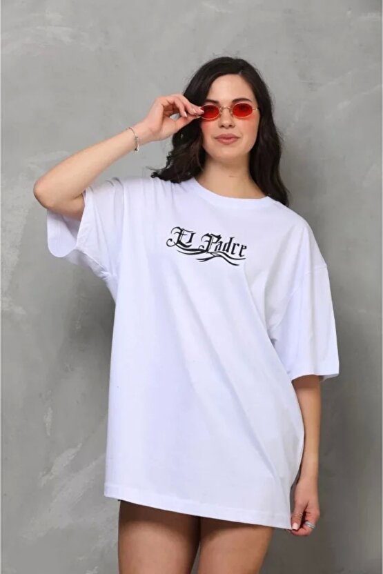 Unisex Bisiklet Yaka Baskılı Oversize Thirt  Beyaz