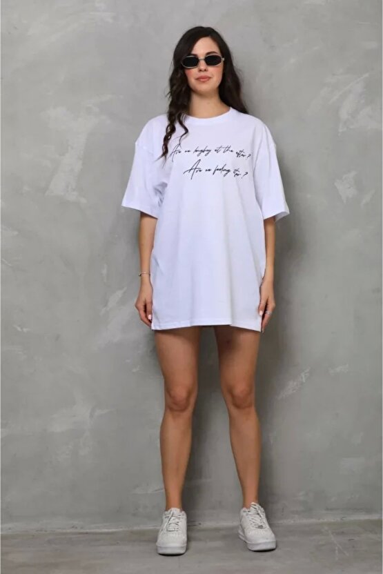 Unisex Bisiklet Yaka Baskılı Oversize Thirt  Beyaz