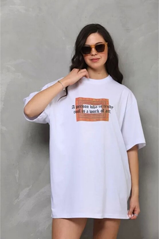 Unisex Bisiklet Yaka Baskılı Oversize Thirt  Beyaz