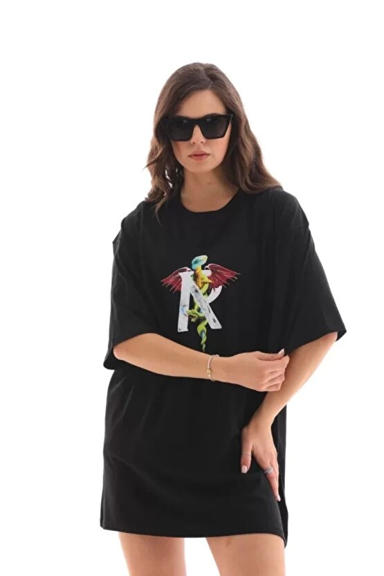 Unisex Bisiklet Yaka Baskılı Oversize Thirt  iyah