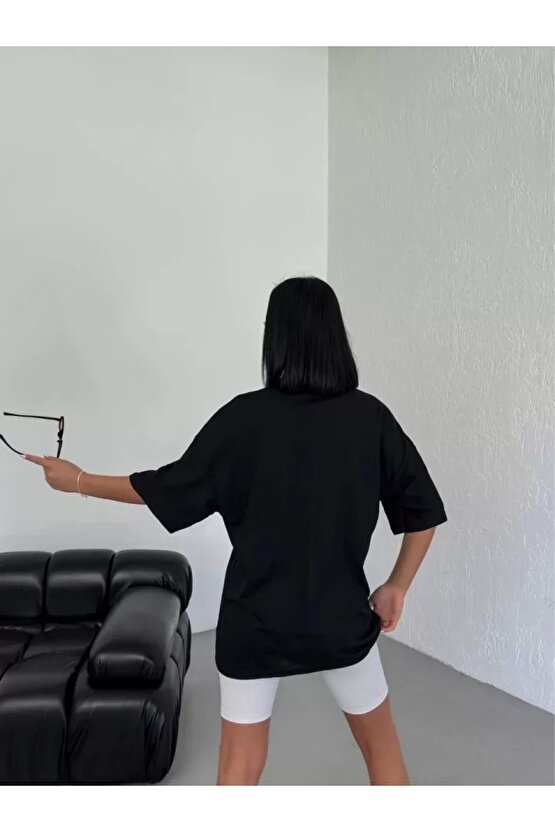 Unisex Bisiklet Yaka Baskılı Oversize Thirt  iyah