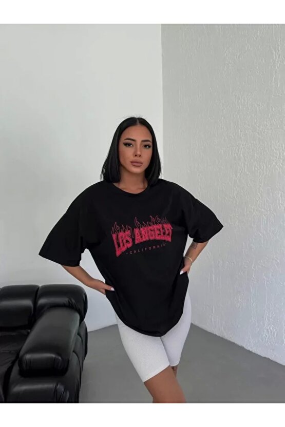 Unisex Bisiklet Yaka Baskılı Oversize Thirt  iyah