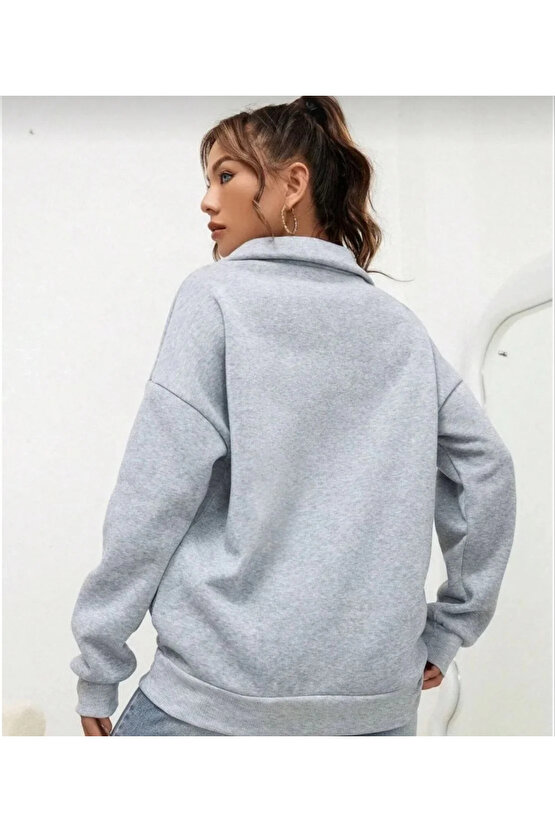 MDB Unisex Uzun Kol Yarım Farmuarlı Yakalı Basic weathirt Gri