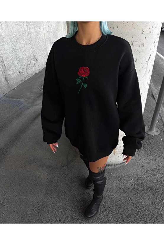 MDB Oversize Üç İplik Bisiklet Yaka Baskılı weathirt iyah