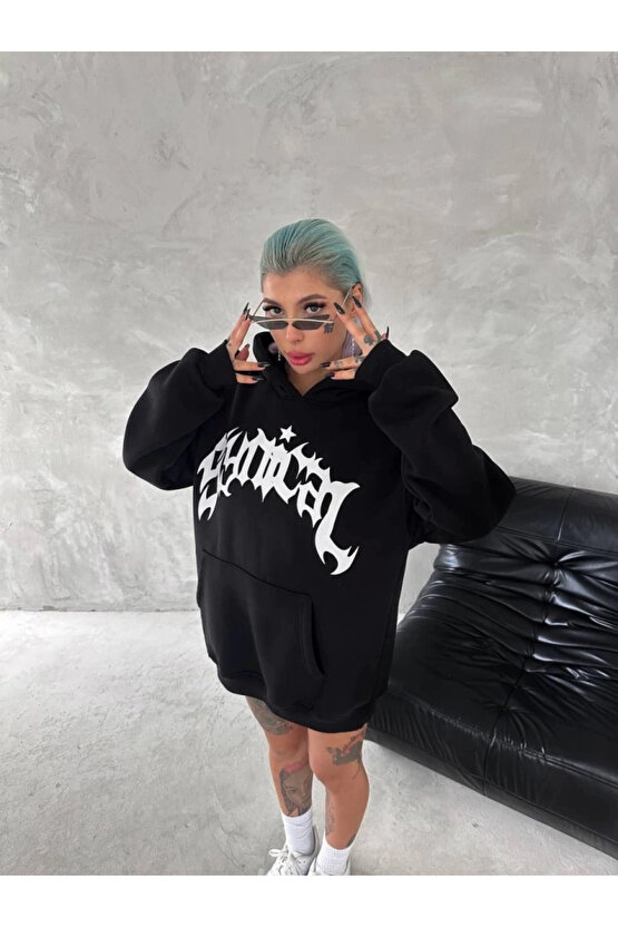 MDB Unisex Üç İplik Kapşonlu Baskılı weathirt iyah