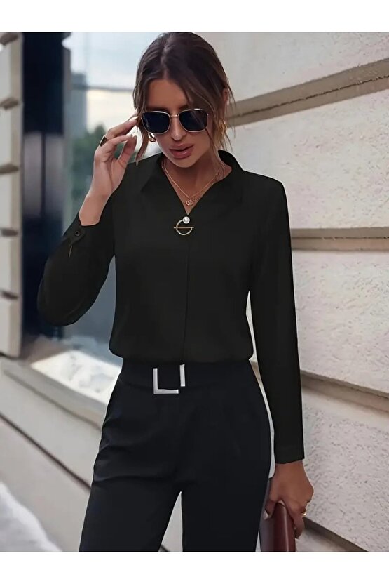 MyTerrax Kadın Uzun Kollu Yakalı Trikoton Gömlek