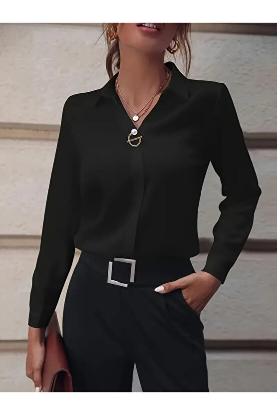 MyTerrax Kadın Uzun Kollu Yakalı Trikoton Gömlek