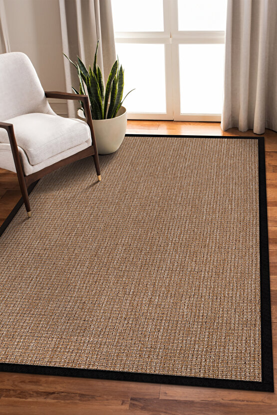 0465-Siyah Kumaş Bordür Sisal Jut Halı Kilim Hav Toz Vermez Kolay Temizlenen Hasır Kilim
