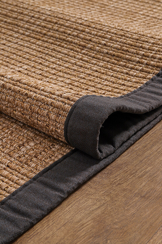 0465-Antrasit Kumaş Bordür Sisal Jut Halı Kilim Hav Toz Vermez Kolay Temizlenen Hasır Kilim