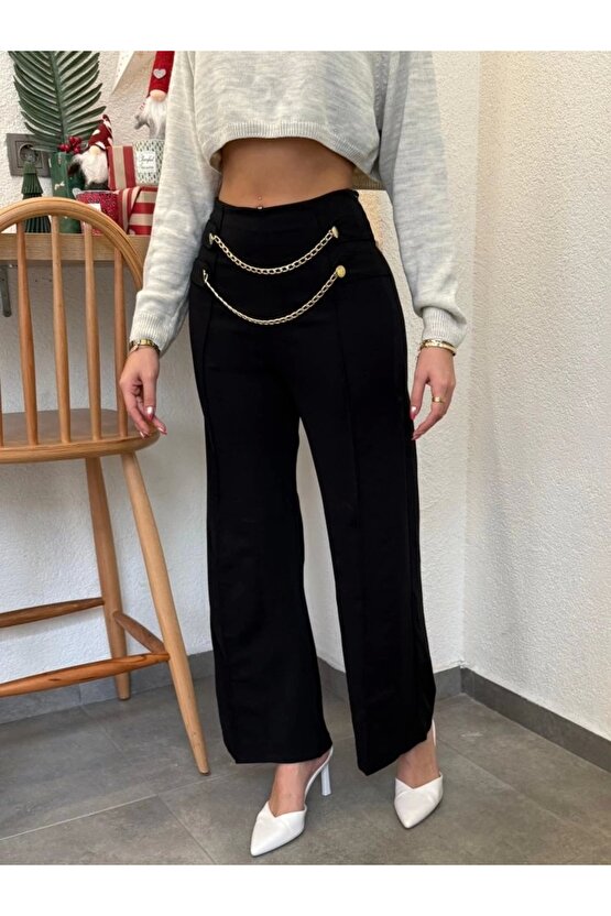 Kadın Beli Zincir Detay Ithal Krep Pantolon