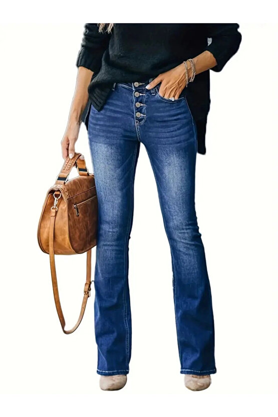 Kadın Yüksek Bel önden Düğmeli Cep Detay Ispanyol Paça Denim Pantolon