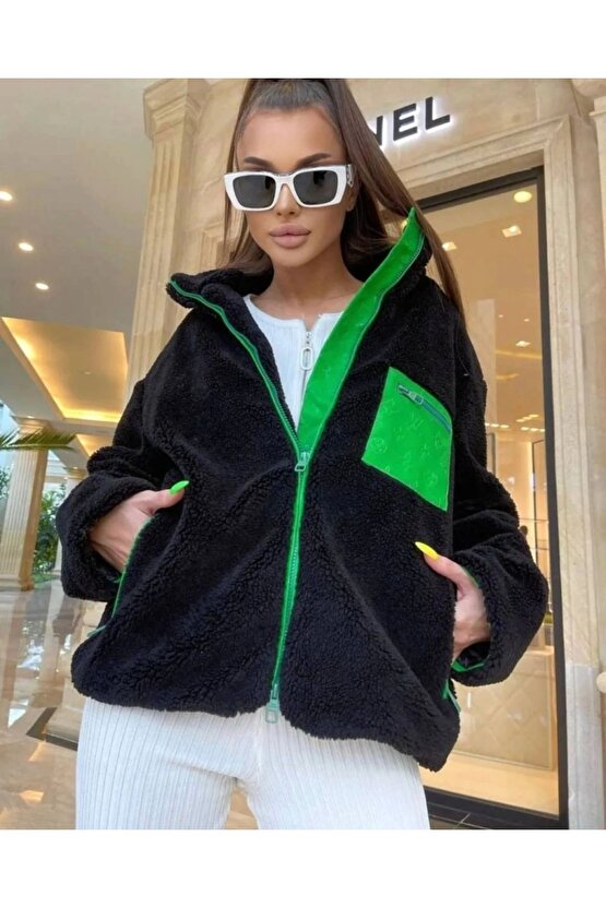 Kadın Uzun Kollu Renkli Cep Ve Fermuar Detay Peluş ont