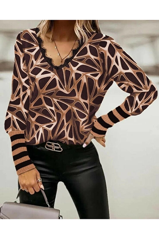 Kadın Uzun Kollu V Yaka Kenarları Güpür Detay şardonlu Dalgıç Bluz
