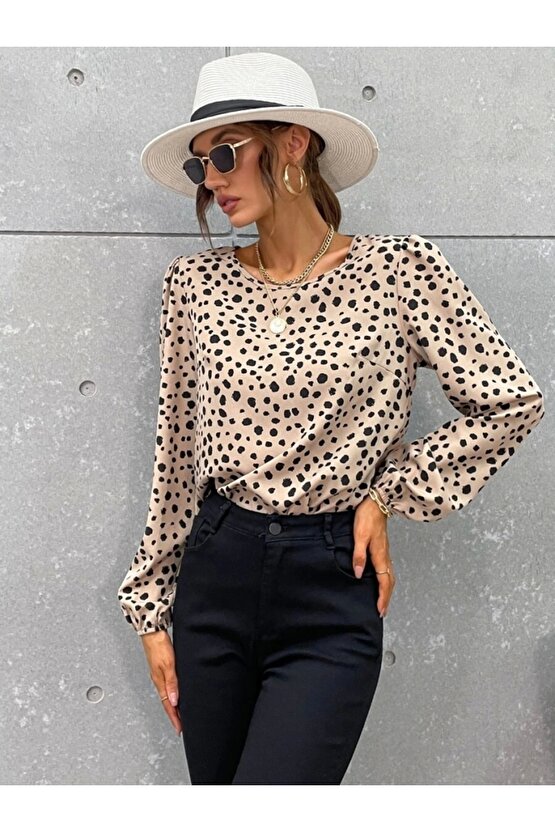 Kadın Uzun Kollu Bisiklet Yaka Desenli Bluz