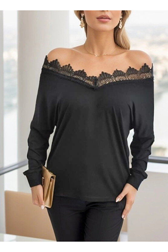 Kadın Uzun Kollu Yaka Güpür Detay Viskon Bluz