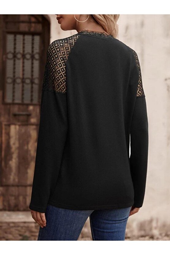 Kadın Uzun Kollu V Yakalı Dantel Detaylı Viskon Bluz