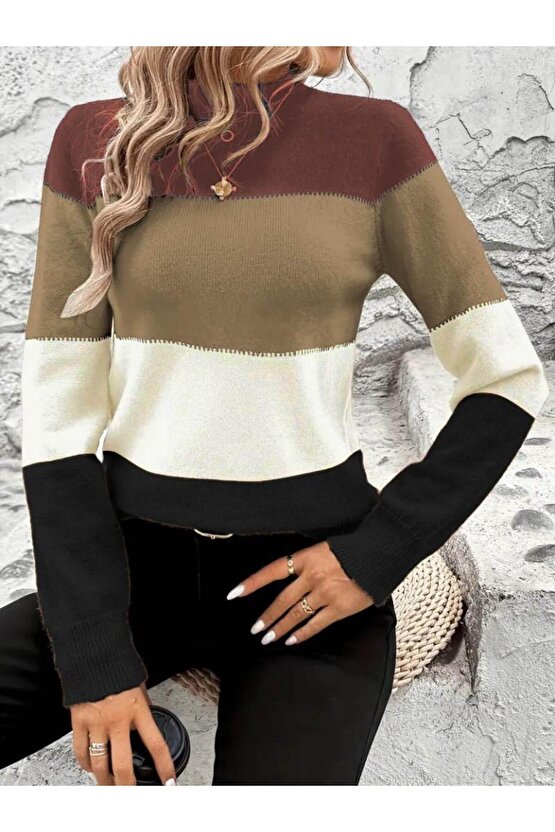 Kadın Uzun Kollu Yarı Balıkçı Yaka Triko Kazak